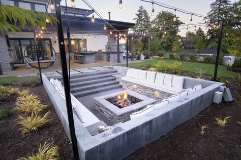 Luxurious Backyard Landscaping, Sunken Fire Pit With Seating, Fire Pit With Seating, Firepit Design, Sunken Fire Pit, Seating Wall, Luxurious Backyard, Sunken Patio, Sunken Fire Pits