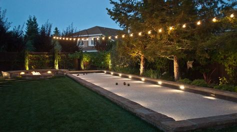 Bocce Ball Court Backyard Lights, Bocce Ball Court Backyard, Diy Bocce Ball Court How To Build, Home Bocce Ball Court, Building A Bocce Ball Court, Build Bocce Ball Court, Moody Backyard, Backyard Amenities, Backyard Bocce