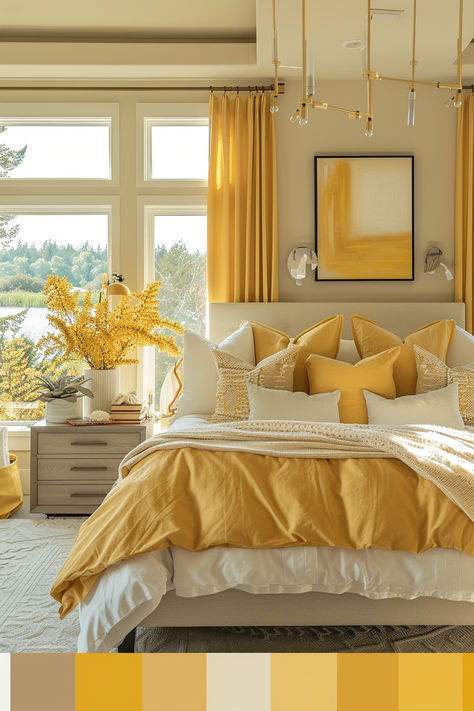 Explore paint shades from soft pastels to bold hues that transform your bedroom into a vibrant and inviting haven Yellow Master Bedrooms Decor, Yellow And White Bedroom Ideas, Bedroom With Yellow Accents, Yellow And White Bedroom, Aphrodite Vibes, Yellow Bedrooms, Coastal Living Room Decor, Yellow Gray Bedroom, Yellow Bedroom Walls