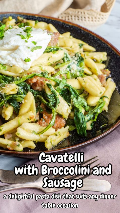 Savor the flavors of Cavatelli with Broccolini and Sausage—a perfect Italian pasta dish! Easy to make, this recipe combines tender cavatelli, vibrant broccolini, and savory sausage for a hearty meal. Ideal for weeknight dinners or special occasions! #ItalianPasta #EasyDinner #CavatelliRecipe Homemade Cavatelli, Cavatelli And Broccoli, Italian Herb Chicken, Cavatelli Recipe, Roast Frozen Broccoli, Cannellini Beans Recipes, Sausage Dishes, Wheat Pasta, Best Party Food