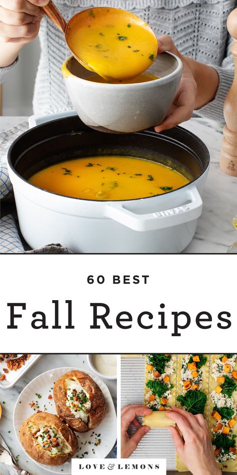 60 Fall Recipes and Dinner Ideas - Love and Lemons Healthy Fall Winter Recipes, Fall Meal Ideas Vegetarian, Comforting Fall Dinners, Cozy Food Ideas, Autumn Vegetarian Recipes, Autumn Food Recipes, Fall Cookbook, Vegetarian Comfort Food Recipes, Soups Creamy