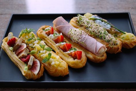 savoury eclairs Savoury Eclairs, Savory Eclairs, Pastries Savory, French Pastry Shop, French Pastries Shop, Savory Pastries, Eclair Recipe, Homemade Croissants, Brunch Cafe