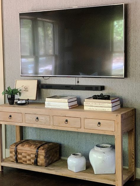 MADISON UPDATE - design indulgence Styling Console Table, Console Table Tv, Long Console, Cream Curtains, Console Table Styling, Monday Afternoon, Black And White Pillows, Schumacher Fabric, It's Monday