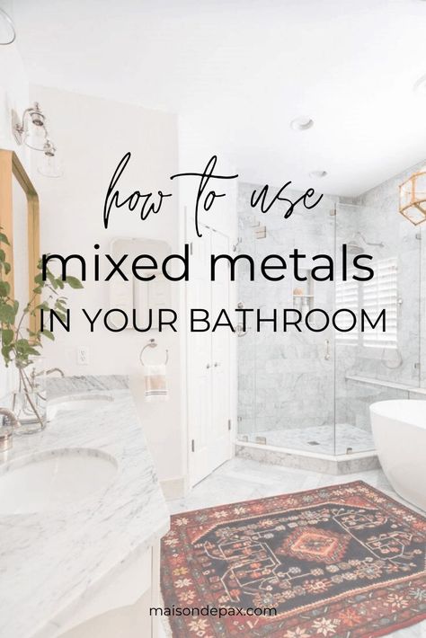 Are you hesitant to use mixed metal bathroom fixtures in your home? Mixing metals is becoming more and more popular in interior home decor, and there's no better place to experiment with this design trend than in a bathroom: Hardware, plumbing fixtures, and lighting all provide beautiful opportunities to mix metals. #bathroomdesign #hardware #modernfarmhouse Mixed Metal Bathroom Fixtures, Bathroom Mixed Metals, Mixed Metals In Bathroom, Mixed Metals Bathroom, Mixed Metal Bathroom, Polished Nickel Bathroom Faucet, Black And Gold Bathroom, Industrial Style Bathroom, Mixing Metals