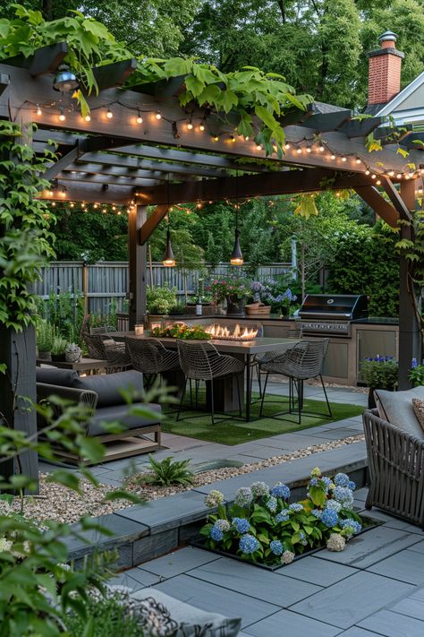 Create Your Dream Outdoor Oasis: Luxurious Seating & Alfresco Dining Under Twinkling Lights Pergola With Dining Table, Outdoor Kitchen Pergola Ideas, Cozy Pergola Ideas, Pergola Dining Area, Cozy Pergola, Gray Pavers, Craftsman Backyard, Backyard Dining Area, Backyard Entertaining Area