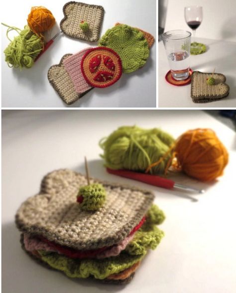 Crochet coaster pattern - sandwich. https://neschofield.wordpress.com/2016/01/07/sandwich-coasters/ Crochet Sandwich Coasters, Crochet Food Coasters, Sandwich Coasters, Crochet Pasta, Sandwich Crochet, Crochet Sandwich, Crochet Coaster Set, Coaster Diy, Coasters Diy