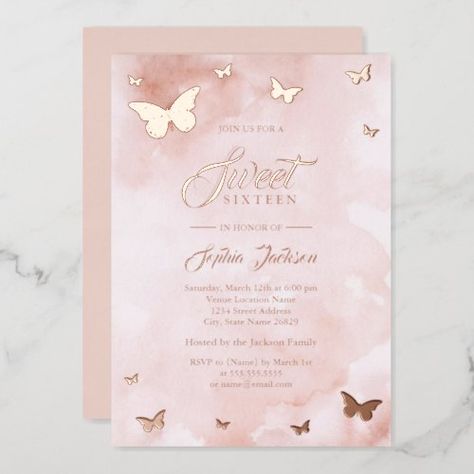 $3.95 | ROSE GOLD FOIL Pink Butterfly Sweet 16 Party - real foil, foil, watercolor, rose gold, pink, rose gold sweet 16, sweet 16, sweet sixteen, sweet 16 party, blush Pink Butterfly Sweet 16, Butterfly Quinceanera Theme, Quinceñera Invitations, Butterfly Sweet 16, Rose Gold Quinceanera, Sweet 16 Party Invitations, Quinceanera Pink, Pink Sweet 16, Sweet 16 Themes