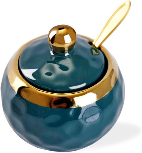 Unique Gold Design Sugar Bowl with Lid – This elegant sugar bowl with lid features gold rim on top and golf shaped design. It comes with a gold tone spoon. Salt Bowl, Teal Kitchen Decor, Ceramic Sugar Bowl, Salt Container, Kitchen Coffee Bar, Teal Kitchen, Coffee Bars In Kitchen, Golf Design, Coffee Bars