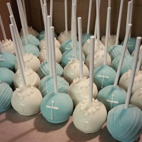 Bautizo Cake Pops, Confirmation Cake Pops, Christianing Ideas Decor For Boy, Baptism Boy Ideas, Baptism Cupcakes Boy, Babtisim Cake Boy, Baptism Food Ideas, Baptism Theme Boy, Baptismal Theme Boy