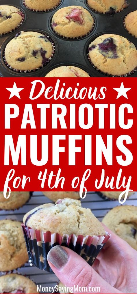 Looking for easy 4th of July recipes? These Patriotic Strawberry and Blueberry Muffins are SO good and super simple to whip up!!  #patrioticmuffins #patrioticrecipe #4thofjulyrecipe #4thofjulysnack #4thofjulymuffin #patrioticfood #redwhitebluefood 4th Of July Dessert, 4th Of July Recipes, Freezer Cooking Recipes, Patriotic Food, Homemade Recipes Dessert, July Recipes, 4th Of July Desserts, Money Saving Mom, Freezer Cooking