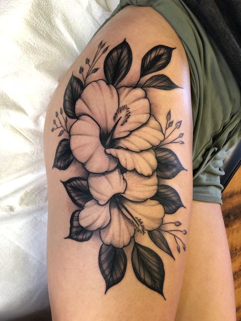 My Flower thigh tattoo Flower Front Thigh Tattoos, Thigh Flower Tattoo Women, Pretty Thigh Tattoos For Women, Big Thigh Tattoos, Big Flower Tattoos, Thigh Flower Tattoo, Flower Thigh Tattoo, Hibiscus Tattoos, Front Thigh Tattoos