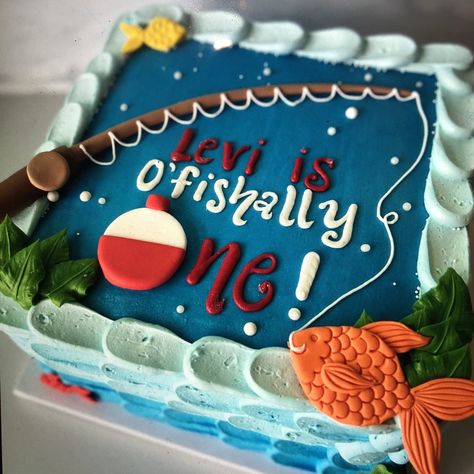 Fisherman 1st Birthday, Fishing Themed One Year Birthday, Ofishally One Birthday Cake Ideas, Baby Boy Fishing First Birthday, Lake 1st Birthday Party, Ofishally One Sheet Cake, 2nd Birthday Boy Fishing Theme, Fishing Theme 2nd Birthday Party, Fish Second Birthday Party