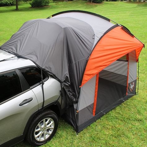 Universal-Fit Car Tent: Camp without leaving all the luxuries of home behind; This tailgate tent features an adjustable vehicle sleeve that can be attached to the back of any size SUV with or without a roof rack Intuitive Features: This outdoor tent comes equipped with 2 gear pockets for small personal items, an overhead lantern hook, glow-in-the-dark zipper pulls, and a water-resistant PE bathtub floor — no ground tarp required Family Size: This large tent comfortably sleeps 4 adults, while the Zelt Camping, Suv Tent, Auto Camping, Camping Diy, Suv Camping, Camping Guide, Camping Shower, Camping Checklist, Diy Camping