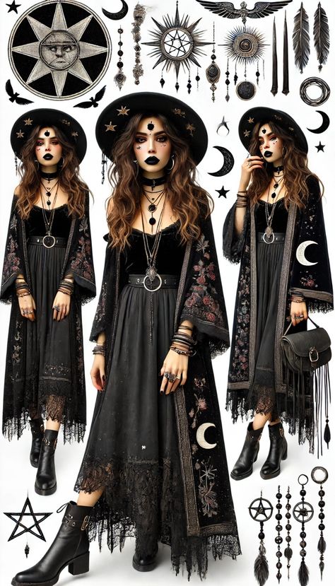 Witchy Outfits Halloween, Tomboy Witch Outfit, Boho Halloween Outfit, Salem Witch Outfit Aesthetic, Space Witch Aesthetic Outfit, Romantic Witchy Outfits, Witch Aesthetic Fashion Plus Size, Modern Witch Outfit Halloween, Fancy Witch Outfit