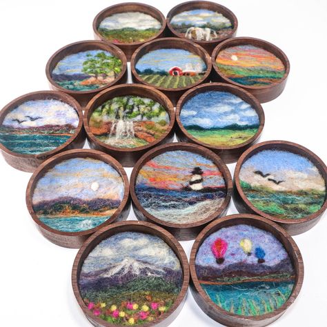 Mini Wool Landscape Painting, Needle Felted Fiber Art, Moon Lake 2 oval 2x3 Wood Frame - Etsy Needle Felting Pictures Wall Hangings, Flat Needle Felting Ideas, Needle Felted Paintings, Needle Felt Painting, Needle Felting Art, Needle Felted Pictures, Needle Felted Landscapes, Flat Felting, Wool Landscape