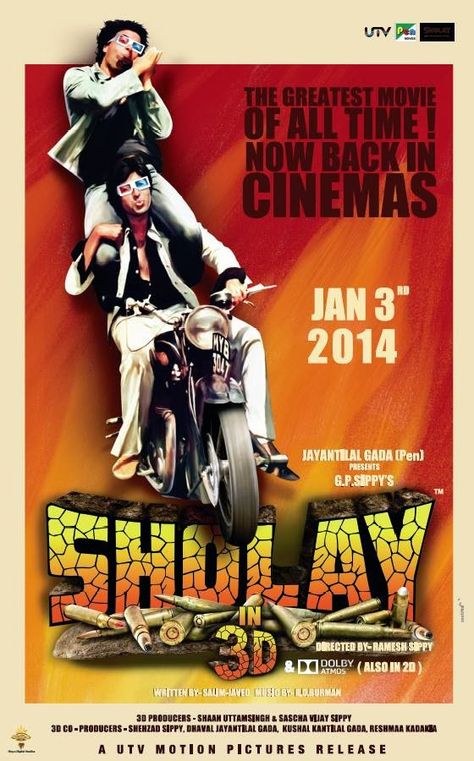 Sholay 3D. Watch Jay and Veeru coming before you in theaters with 3D this Jan 2014.  #Bollywood #Movie Sholay Movie, Bollywood Poster, Old Bollywood Movies, Old Film Posters, Latest Hindi Movies, Movie Posters For Sale, Bollywood Theme, Old Movie Posters, Bollywood Posters