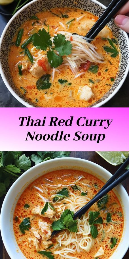 This Thai Red Curry Noodle Soup is a comforting and flavorful dish that's perfect for the cooler days of September. With its creamy coconut broth and aromatic spices, this soup brings the warmth of Thai cuisine right to your dining table. Ideal for both spice lovers and those who prefer a milder taste, it offers versatility with an array of vegetables and protein options. #ThaiCuisine #NoodleSoup #ComfortFood #ThaiRedCurry #CoconutBroth #SpicySoup #EasyDinner Thai Red Curry Noodle Soup, Thai Red Curry Soup, Warm Goat Cheese Salad, Thai Takeout, Chicken Rice Noodles, Thai Noodle Soups, Red Curry Noodle Soup, Curry Noodle Soup, Chicken Noodle Soup Crock Pot