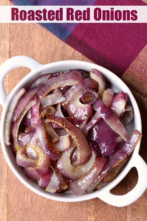 An easy recipe for roasted red onions. Baking them in the oven removes any sharpness, so the onions are mellow and creamy. Shrimp Marinade Recipes, Roasted Red Onion, Red Onion Recipes, Baked Onions, Caramelized Shallots, Roasted Onions, Low Carb Side Dishes, Baked Pork Chops, Healthy Food Blogs