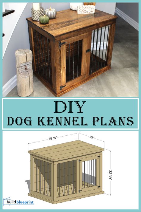 free large wooden dog kennel diy plans with material list and dimensions Easy Dog Crate Diy, Dog Cage Indoor Ideas, Free Dog Crate Plans, Wooden Dog Kennels Diy, Furniture Dog Crate Plans, Dog Kennel Side Table Diy, Diy Custom Dog Kennel, Wood Kennels For Dogs, Kennel Diy Indoor