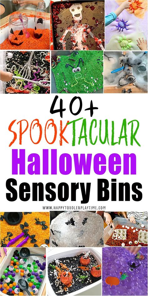 13+ Spooktacular Halloween Sensory Bins - Happy Toddler Playtime Cauldron Sensory Bin, Halloween Fun For Kids, Halloween Experiments, Skeleton Craft, Spiders Halloween, Halloween Puzzles, Eyes Halloween, Halloween Infantil, Halloween Sensory