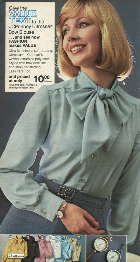 Bow blouse and watches, JC Penney catalog, fall/winter 1977 1977 Fashion, Retro Blouse, 1980's Fashion, Seventies Fashion, 20th Century Fashion, Gorgeous Blouses, 1980s Fashion, Women's Blouses, Bow Blouse