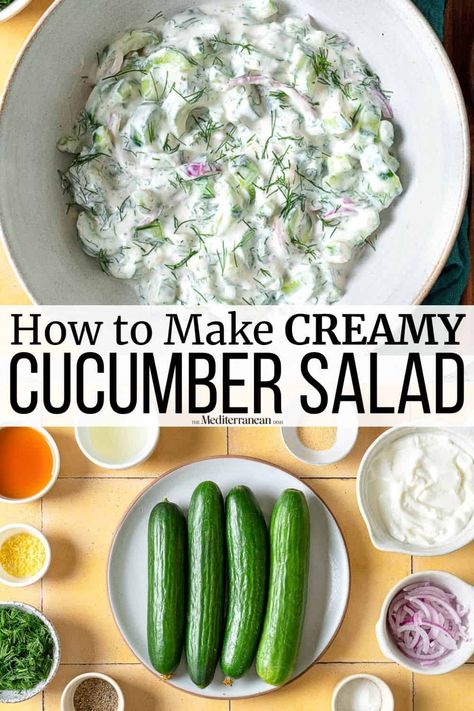 In this creamy cucumber salad, crispy cucumbers are mixed with a garlicky Greek yogurt and dill dressing. Serve this cooling salad on a hot day or alongside dishes with a bit of a kick! Mediterranean Cucumber Recipes, Italian Cucumber Salad Recipes, Creamy Cucumber Tomato Salad Greek Yogurt, Dill And Mint Recipes, Arabic Cucumber Salad, Cucumber Greek Yogurt Salad, Taziki Cucumber Salad, Creamy Cucumber Salad With Greek Yogurt, Cucumber Salad Greek Yogurt