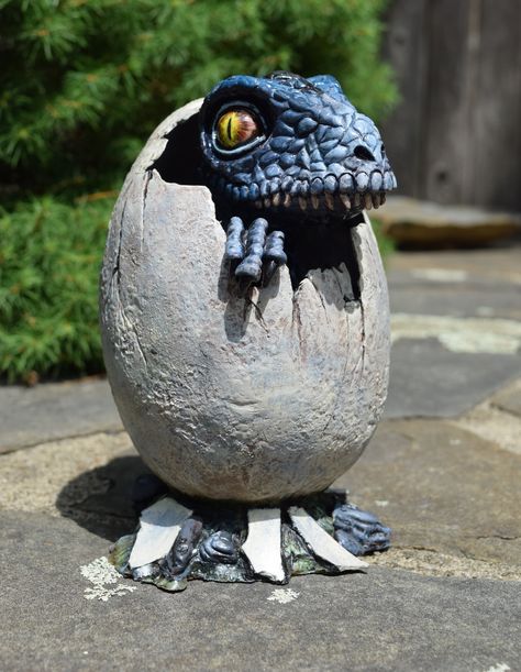 A handmade and sculpted piece that is cast in resin made by The Creep Gallery on Etsy. Jurassic Park Raptor, Dino Decorations, Cool 3d Prints, Dino Eggs, Tire Art, Wood Sculpture Art, Blue Jay Bird, Carnival Birthday Party Theme, Life Size Statues