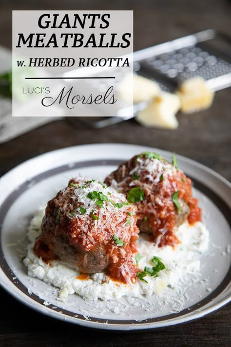 Craving giant meatballs you have at restaurants? These will hit the spot - delicious, tender meatballs atop herbed ricotta! Serve these big meatballs as an appetizer or a main dish! Giant Meatball Recipe, Big Meatballs, Ricotta Appetizer, Giant Meatballs, Appetizers Meat, Recipes Meatballs, Herbed Ricotta, Ricotta Meatballs, Keto Meat