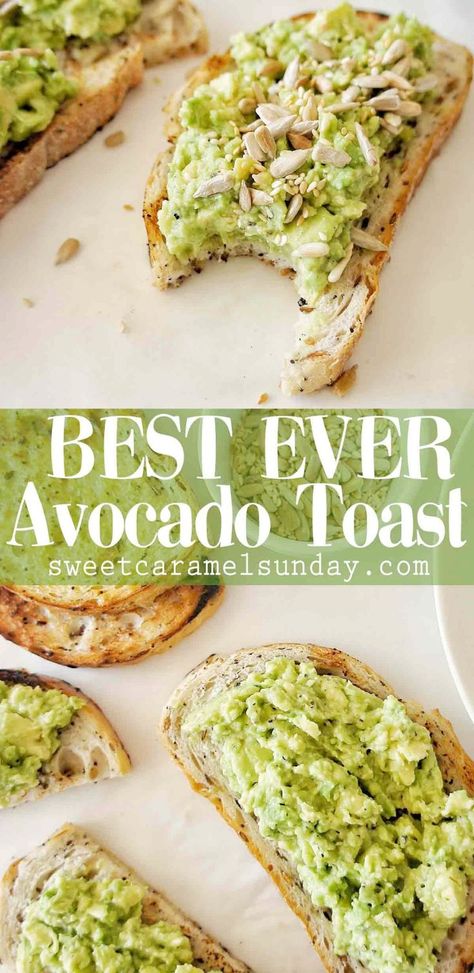 Simple Avocado Toast that is quick, easy and delicious. #avocado #avocadorecipe #breakfast #breakfastrecipe #vegetarian #vegetariantoast #smashedavocado #easyavocadotoast #breakfasttoast #easy #recipe #vegetarianrecipe  @sweetcaramelsunday Recipes For Avocado Toast, Avacodo Toast Recipes Breakfast, Best Avocado Toast Recipe, Simple Avocado Toast, Avocado Recipes Breakfast, Food And Drink Recipes, Potato Toast, Lemon Seeds, Avocado Dessert