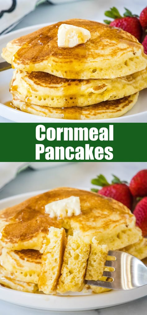 These cornmeal pancakes are light, fluffy, and easy to make! They’re a delicious spin on traditional pancakes made with cornmeal and flour. #cornmeal #pancakes #breakfast Cornmeal Pancakes, Corn Pancakes, Mouthwatering Desserts, Easy Healthy Dinner Ideas, Compound Butters, Brunch Inspiration, Breakfast Bread Recipes, Pancakes Breakfast, Easy Breakfast Recipe