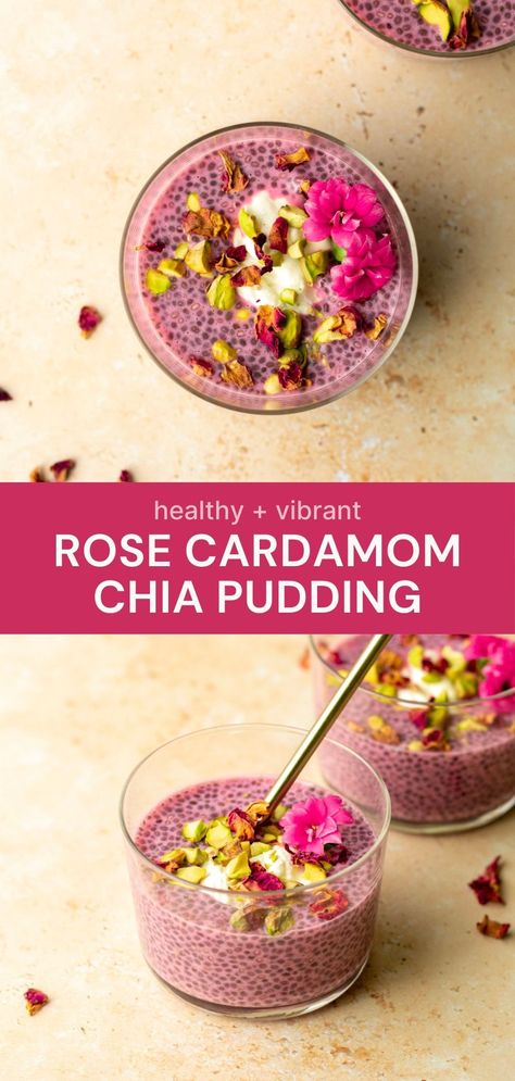 This flavourful rose and cardamom chia pudding is made with just 4 ingredients! A delicious and nutritious breakfast, dessert or snack. Cardamom Rice Pudding, Rose Chia Pudding, Rose Chia Seed Pudding, Match Chia Pudding, Date Chia Pudding, Beet Chia Pudding, Chia Greek Yogurt Pudding, Healthy Dessert Bowls, Pomegranate Chia Pudding