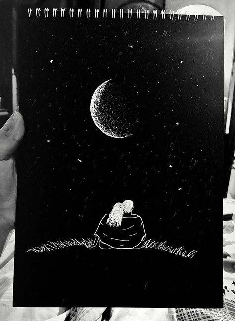 Setting under the night sky , fly me to the moon 🌙 Black Sheet Painting Ideas, Night Sky Pen Drawing, Fly Me To The Moon Drawing, How To Draw A Starry Night Sky, Night Sketches Pencil, Night Sky Sketch Pencil, Black Sheet Painting, Looking At The Stars Drawing, Moon On Black Paper