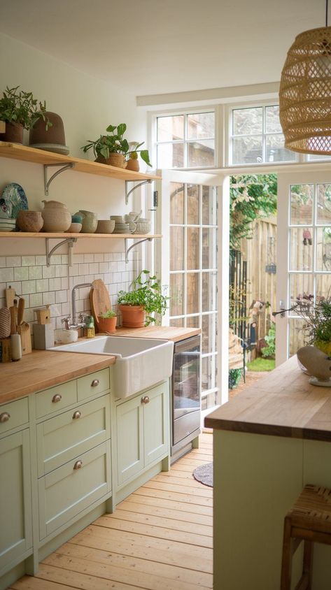 Create your dream small cottage kitchen by embracing a mix of farmhouse style, vintage décor, and modern storage solutions. These tips will help you a... Tiny Kitchen Floor Plans, Cozy Cottage Kitchen English Country, Cottage Core Kitchens, Old Cottage Kitchen, Small Cottage Kitchen Ideas, Tiny House Kitchen Ideas, Small Cottage Kitchens, Cottage Kitchen Shelves, Parisian Style Decor