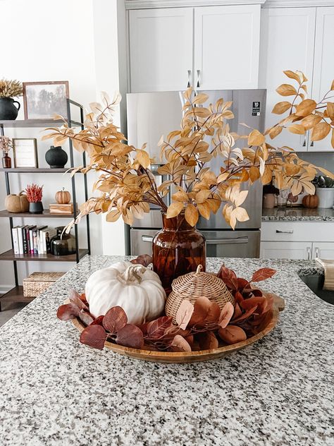 Fall kitchen styling, neutral fall decorating, how to style kitchen centerpiece, fall florals, fall pumpkin, woven pumpkin Kitchen Island Decor For Fall, Fall Shelf Styling, Fall Decor Tv Stand, Kitchen Fall Decorating Ideas, Fall Decor On A Budget, Fall Kitchen Decor Ideas, Elegant Fall Decor, Porch Fall Decor, Kitchen Centerpiece