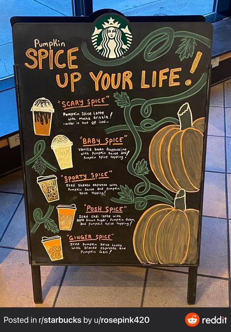 Fall Drink Chalkboard, Pumpkin Spice Chalkboard Art, Starbucks Crafts, Fall Coffee Recipes, Vanilla Frappuccino, Pumpkin Spice Frappuccino, Iced Pumpkin Spice Latte, Starbucks Fall Drinks, Coffee Orders