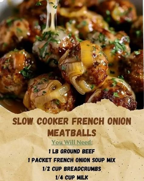 Crockpot Recipes And Tips | Slow Cooker French Onion Meatballs 暈 | Facebook Slow Cooker French Onion Meatloaf, Slow Cooker Frozen Meatball Recipes, Slow Cooker Frozen Meatballs, French Onion Meatballs, Onion Meatballs, French Onion Meatloaf, Frozen Meatball Recipes, Beef Steak Recipes, Meatball Recipes Easy