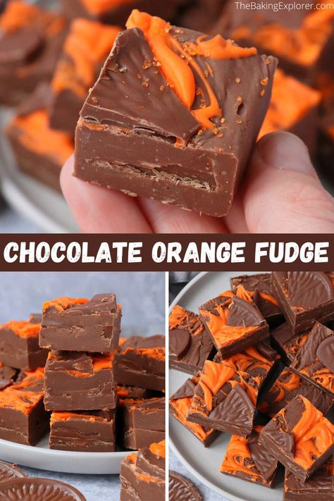 Easy no boil recipe for Chocolate Orange Fudge using condensed milk - very easy and quick to make. Perfect for Christmas gifts to friends, family or yourself! #thebakingexplorer #noboilfudge #condensedmilkfudge #chocolateorange #easyfudgerecipe Orange Chocolate Fudge, Fudge Using Condensed Milk, Halloween Fudge Recipes, Fudge Packaging Ideas, Fudge Business, Orange Fudge Recipes, Chocolate Fudge Recipes, Fudge Recipe Condensed Milk, Lemon Fudge