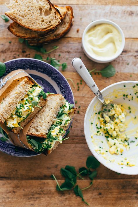 High Maintenance Egg Salad Sandwich with Watercress, Chives, and Homemade Mayonnaise Special Sandwiches, Fresh Strawberry Glaze, Muffuletta Recipe, Classic Egg Salad Sandwich, Classic Pound Cake, Recipes Sandwiches, Homemade Mayonnaise Recipe, Salad Sandwich Recipe, Yummy Sandwiches