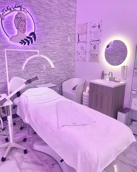 Pastel Esthetician Room, Facial Room Ideas Estheticians Spaces, Esthetician Room Purple, Esthetician Color Scheme, Facial Esthetician Room, 2024 Vision Board Esthetician, Esthetician Vision Board Collage, Esthetician Cart, Spa Skincare