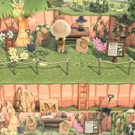 Animal Crossing Dinosaur Park, Acnh Science Area, Acnh Archeology Site, Acnh Archeology, Acnh Pietro Yard, Acnh Inspo Entrance, Acnh Dig Site Ideas, Acnh All Flowers, Acnh Hill Ideas