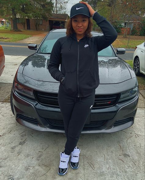 nike jogger fit| nike| concord 11s| nike sweatsuit| nike cap| #nike #jordan #concord #sweatsuit #joggers #blackandwhite Jordan Concord 11 Outfit Women, Outfit Ideas With Jordan 11s, Black Nike Joggers Outfit, Concords 11 Outfit Women, Black Nike Sweatpants Outfit, Concord 11 Outfit Women, Nike Sweatsuit Outfits Women, Nike Joggers Outfit Women, Nike Set Outfits Women