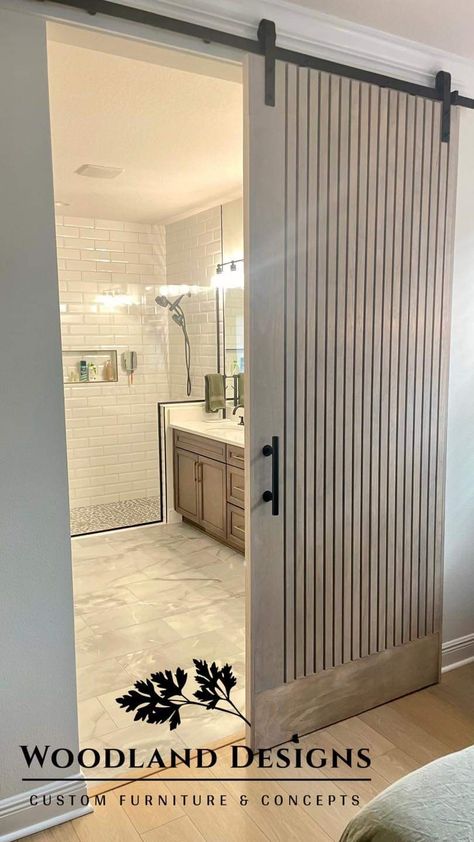 Barn door without the barn door look. (They're in Tampa!) Barn Door Into Office, Modern Sliding Doors Bathroom, Sliding Barn Door Master Bath, Closet Doors In Bathroom, Barn Door Bedroom Doors, Modern Slider Doors, Scandinavian Barn Door, Bedroom Bathroom Door Ideas, Barn Door Styles Interiors