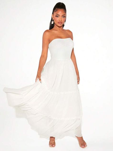 SHEIN SXY Solid Ruffle Hem Tube Dress | SHEIN South Africa White Sun Dress Long, Greek Banquet, White Graduation Dress Long, Long White Sundress, White Summer Dress Long, Long White Summer Dress, Beachy Fits, Long White Dresses, White Beach Dress