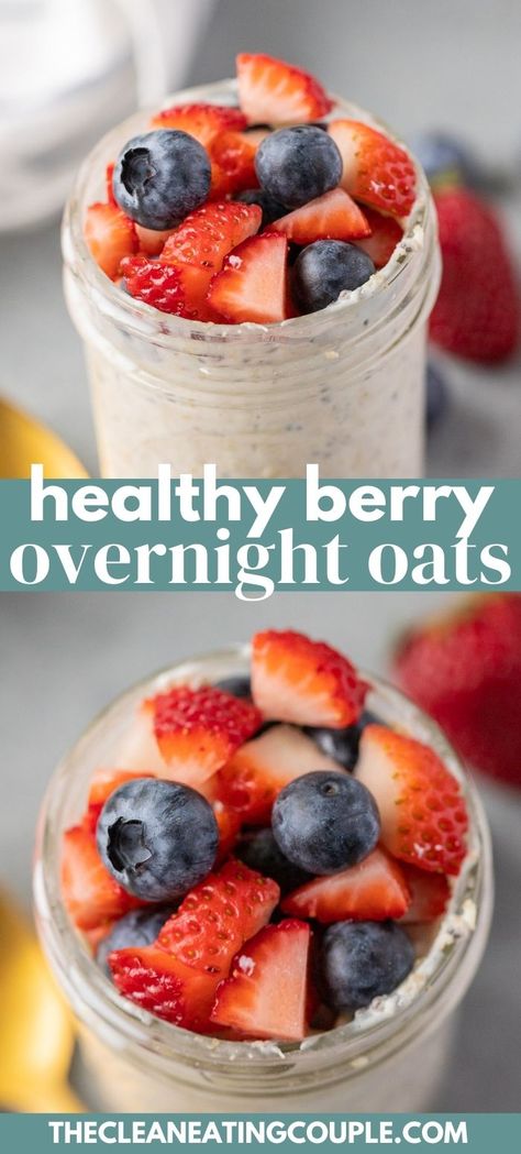 Healthy Berry Overnight Oats are perfect for breakfast. Loaded with berries, and made with greek yogurt, you can serve at home or in a jar on the go. Either way, these oats are a delicious way to start the day! Overnight Oats With Fruit And Yogurt, Strawberry Blueberry Overnight Oats, Overnight Oats Mediterranean Diet, Berry Overnight Oats Healthy, Overnight Oats With Berries, Heart Healthy Overnight Oats, Blueberry Overnight Oats Healthy, Berries Overnight Oats, Mixed Berry Overnight Oats