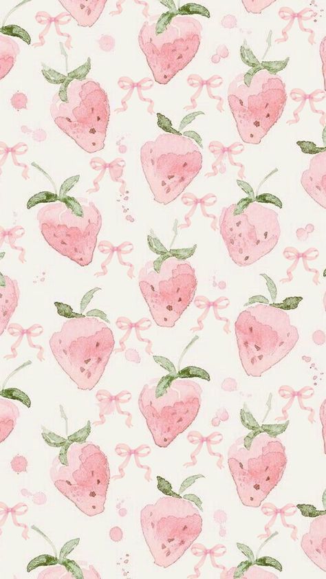 strawberries and bows wallpaper 🎀🍓   #wallpaper #nature #art #fruit #strawberry #strawberries #aesthetic #cutesy #girlhood #girly #coquette #pink #spring #bows #bow #ribbon #watercolor #background Pink Wallpaper Ipad, Bow Wallpaper, Cocoppa Wallpaper, Iphone Wallpaper Photos, Cute Simple Wallpapers, Phone Wallpaper Patterns, Cute Patterns Wallpaper, Simple Wallpapers, Kawaii Wallpaper