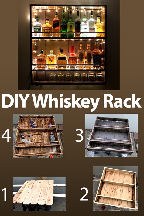 Vintage rustic whiskey rack made out of fence wood, 1x4, and some copper. Whiskey Cabinet Diy, Drink Rack Ideas, Whiskey Shelves Display, Beer Bar Design Home, Whiskey Storage Ideas, Liquor Wall Display Bar Ideas, Alcohol Shelf Ideas, Whiskey Closet, Whiskey Cabinet Ideas