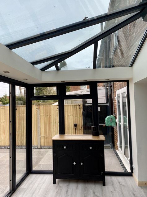 Black Conservatory Interiors, Black Conservatory, Conservatory Interiors, Kitchen Cupboard, Interior Garden, Gold Handles, Kitchen Cupboards, Glass House, Main Street