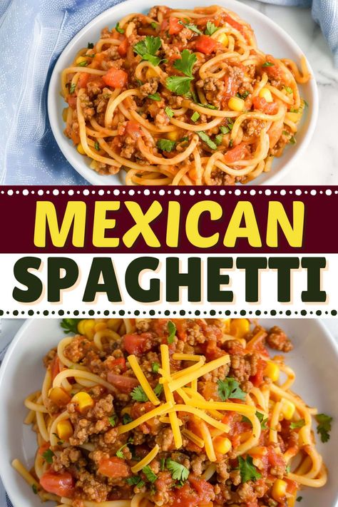 This easy one-pot Mexican spaghetti is bound to be a hit! With ground beef, diced tomatoes, veggies, corn, tomato sauce, and cheese, it's a true fiesta. Cowboy Spaghetti Recipes, Mexican Spaghetti Recipes, Taco Spaghetti Bake, Enchilada Spaghetti, Ground Beef Diced Tomatoes, Mexican Pasta Recipes, Healthy Mexican Casserole, Mexican Spaghetti, Casseroles Recipes