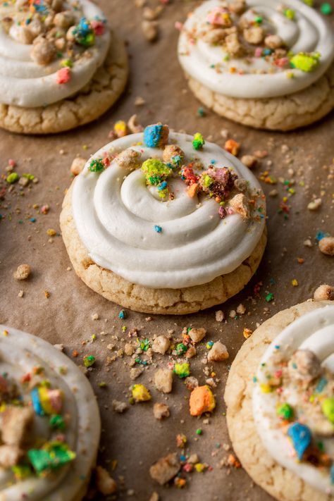 crumbl cookie inspired lucky charms cookies with cereal milk frosting on a cookie sheet Cereal Milk Frosting, Cereal Milk Cookies, Lucky Charms Recipes, Lucky Charms Cookies, Milk Frosting, Crumble Cookie Recipe, Crumble Cookies, Cereal Cookies, Lucky Charms Marshmallows