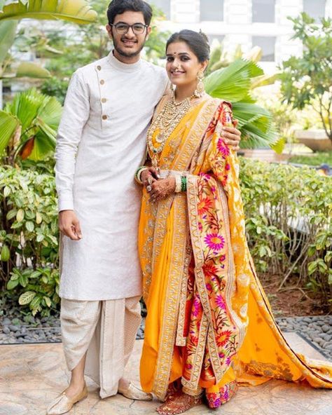 Marathi Saree Picture Outfits For Groom, Maharashtrian Bride, Maharashtrian Wedding, Wedding Dresses Men, Marathi Bride, Marathi Wedding, Wedding Outfits For Groom, Wedding Dresses Men Indian, Bride And Groom Outfits